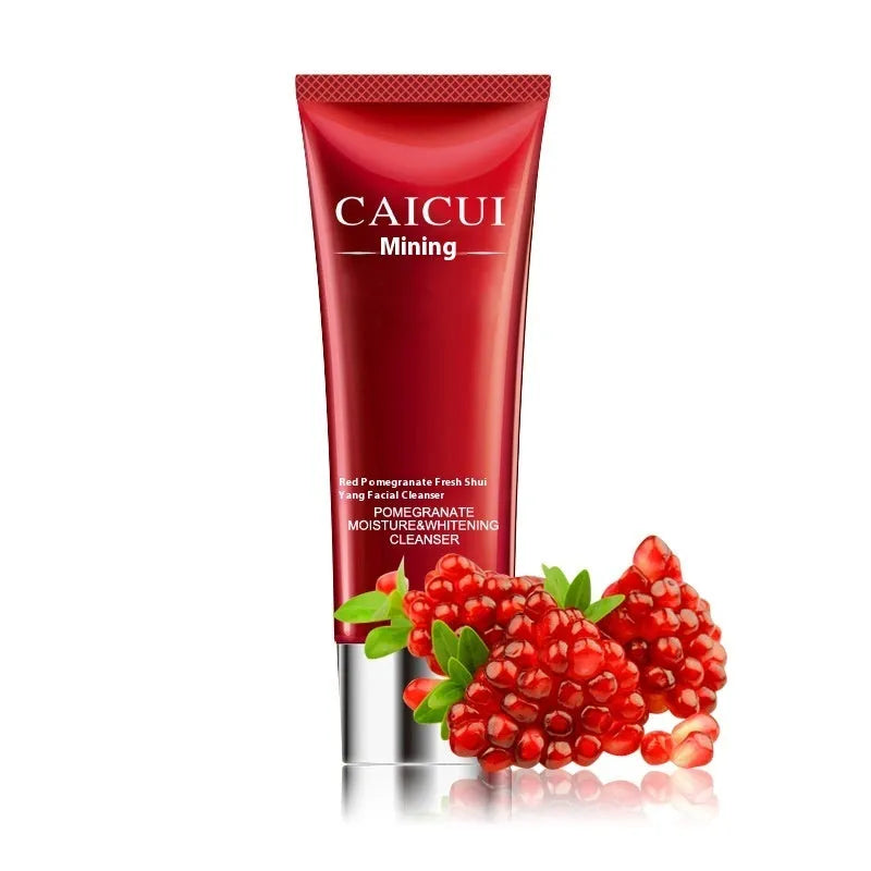 Red packaged pomegranate skincare set containing face wash, toner, lotion and facial cream bottles
