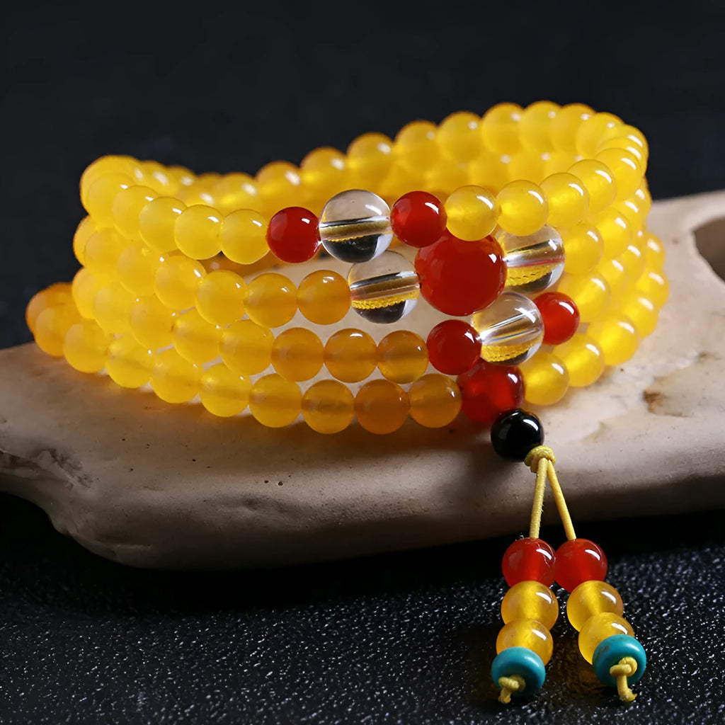 108-bead agate and crystal canary stone necklace bracelet jewellery set with geometric beads and lucky cat charm