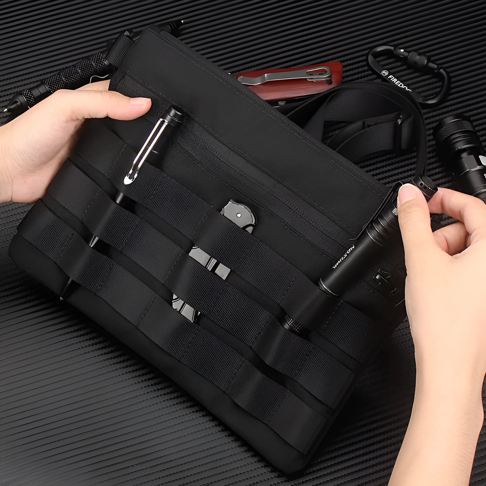 Black Oxford cloth portable outdoor tactical pouch measuring 18cm by 3.5cm