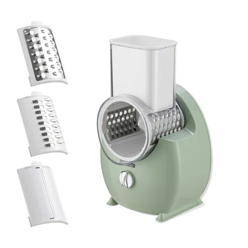 White electric vegetable slicer with rotary grater and suction base on a kitchen counter.