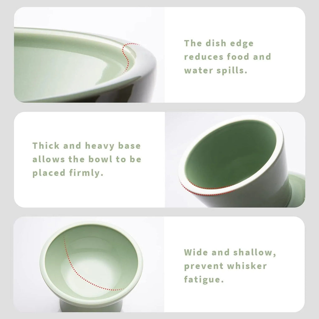 Ceramic elevated cat food bowl in blue colour with wide shallow design and raised base