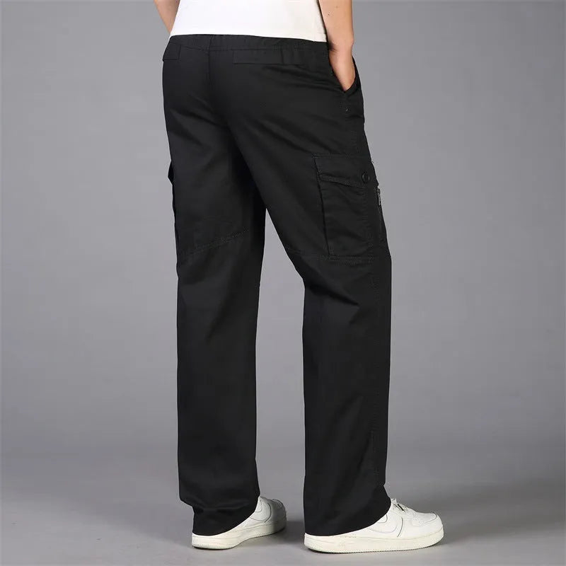 Cotton loose straight leg cargo trousers in black with multiple pockets and zip fly