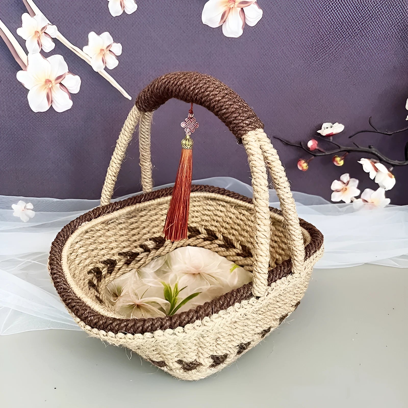 Hand-woven natural straw basket in a rustic style, measuring 19cm by 12cm.