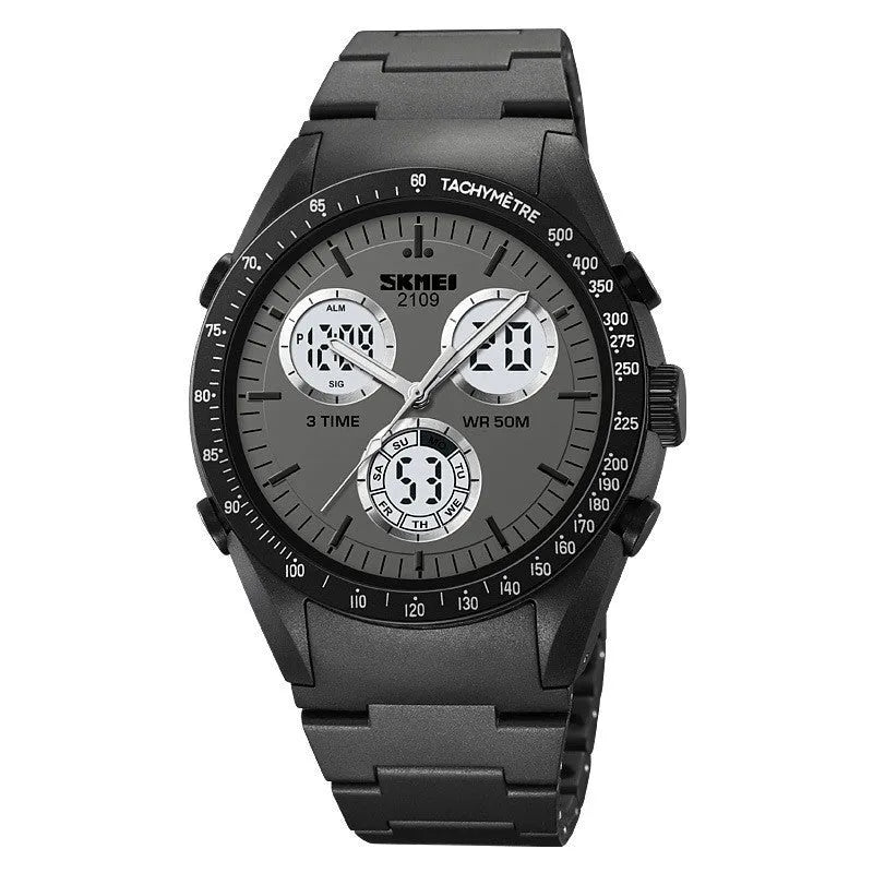 Unisex digital watch with camouflage strap and resin lens, showing time display and stainless steel buttons.
