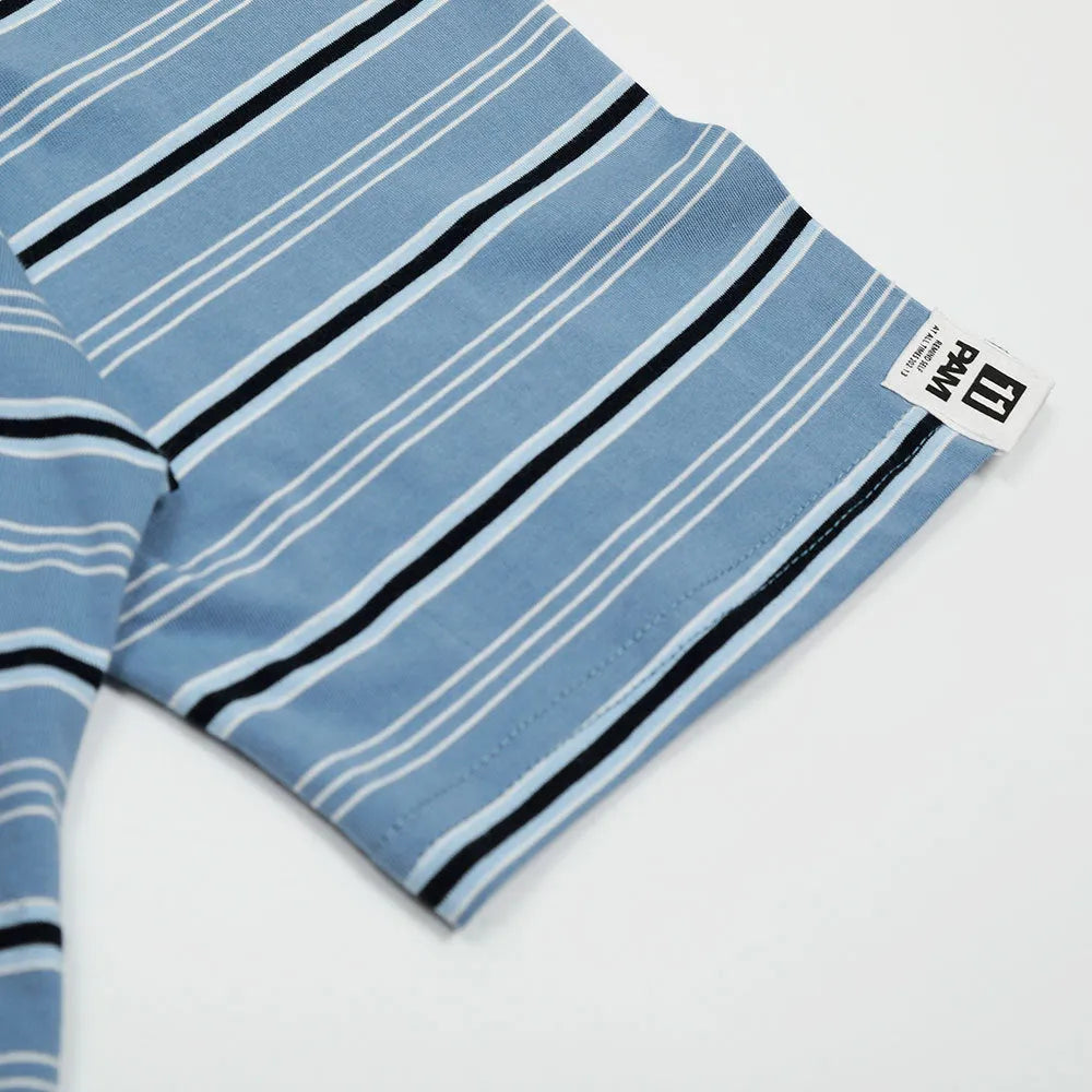 Man's blue striped cotton polo shirt with short sleeves and a loose, casual fit.