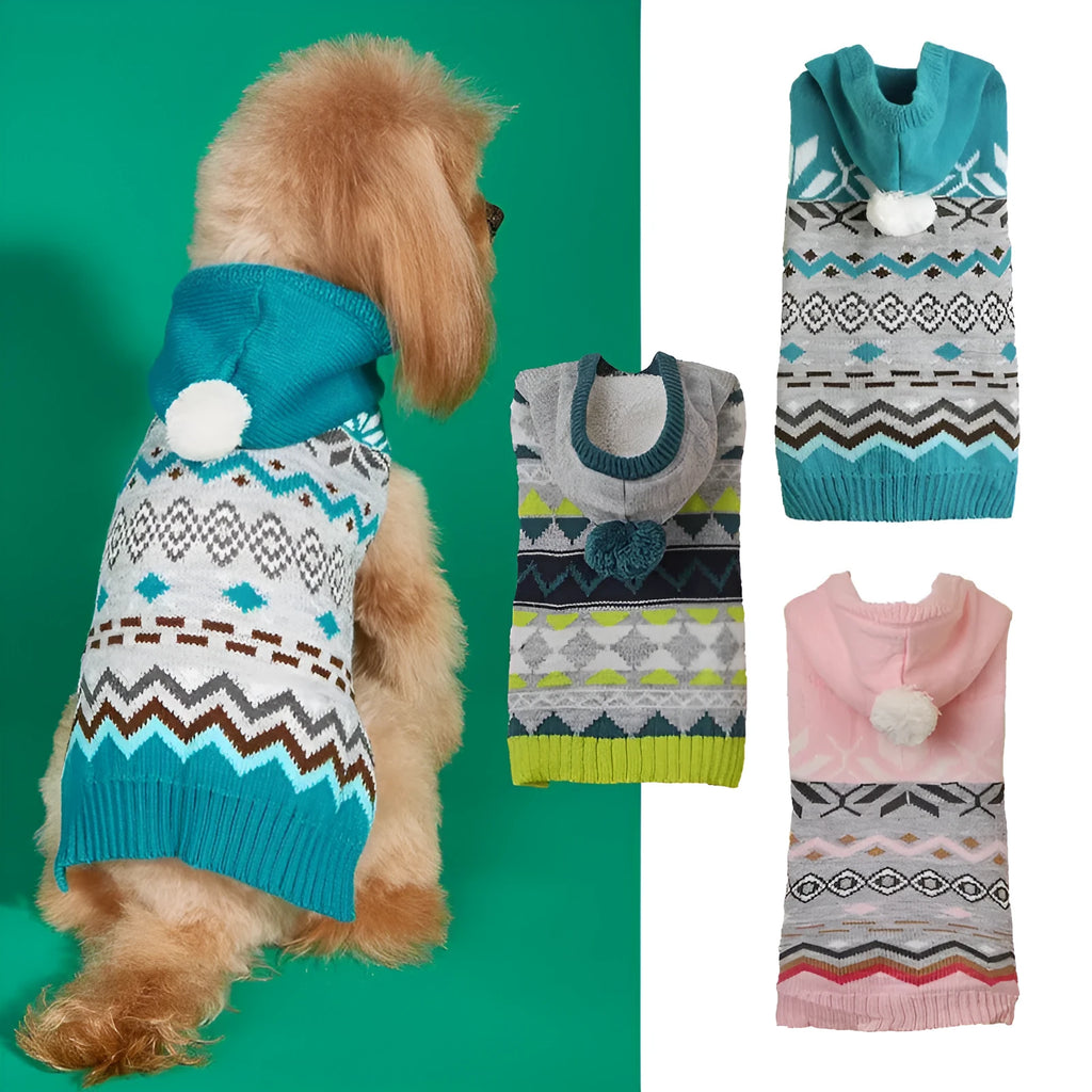 Pet sweater with diamond pattern in acrylic material available in blue, green, and pink colours