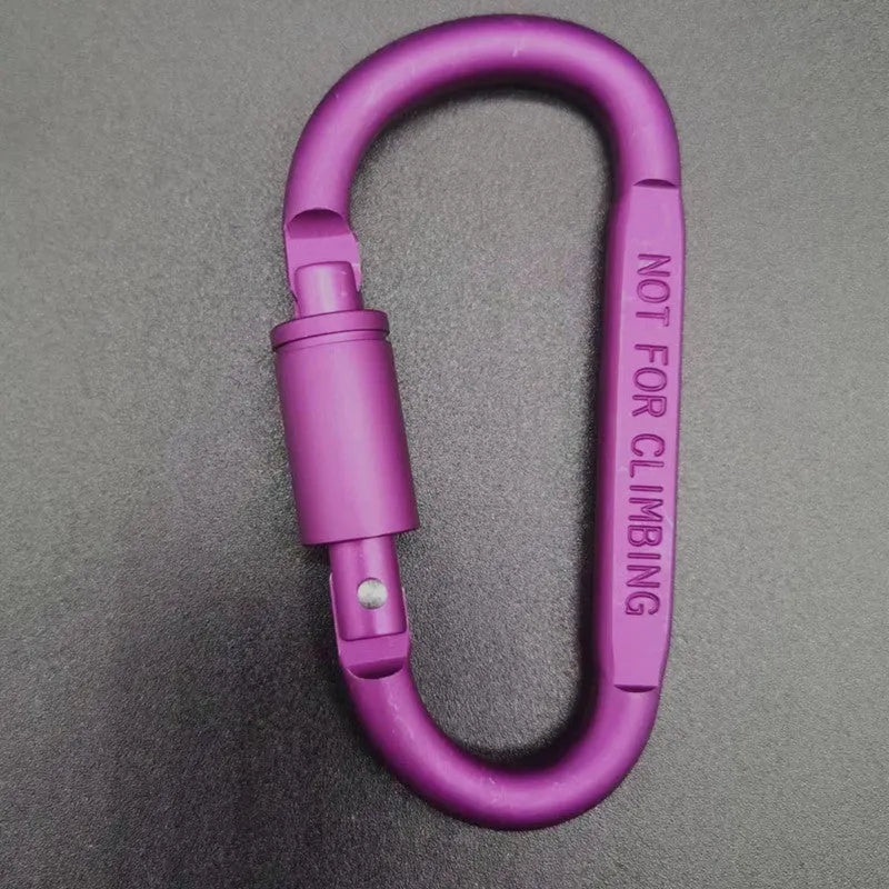 Aluminium D-type screw-lock carabiner in red, showing its 8cm size and flat-sided shape.