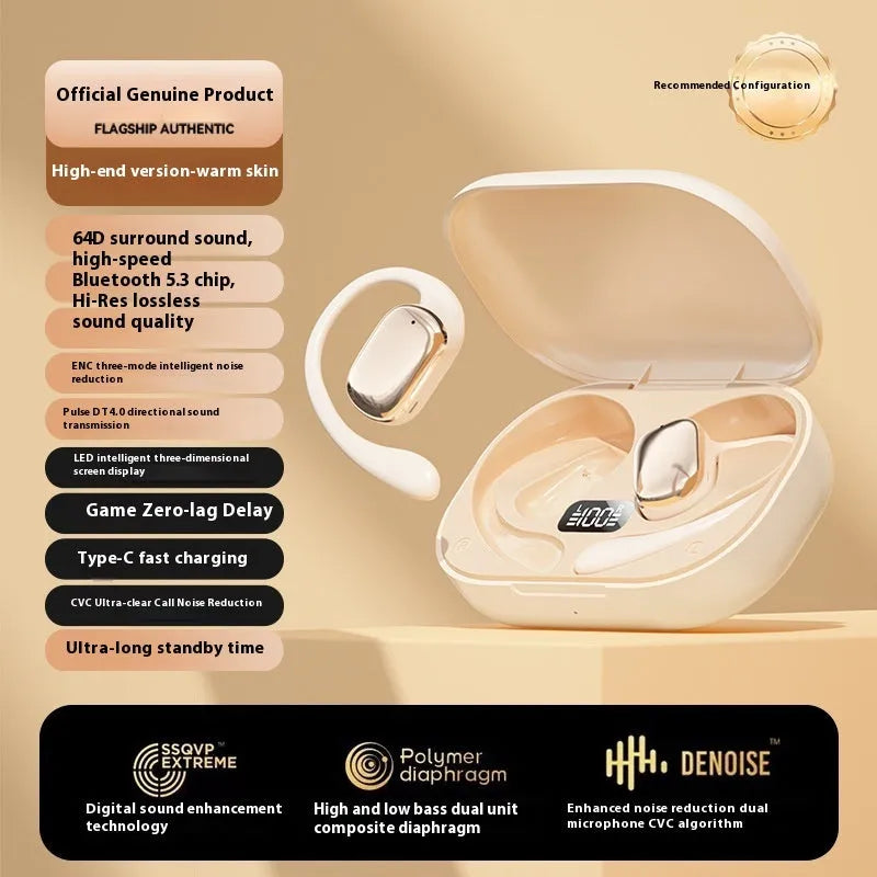 Wireless ear-mounted headphones with digital display screen shown in black, white, and skin colour options.
