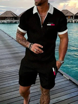 Men's casual retro plaid beach suit set with Paris heat transfer patch short sleeve T-shirt and shorts in multiple colours