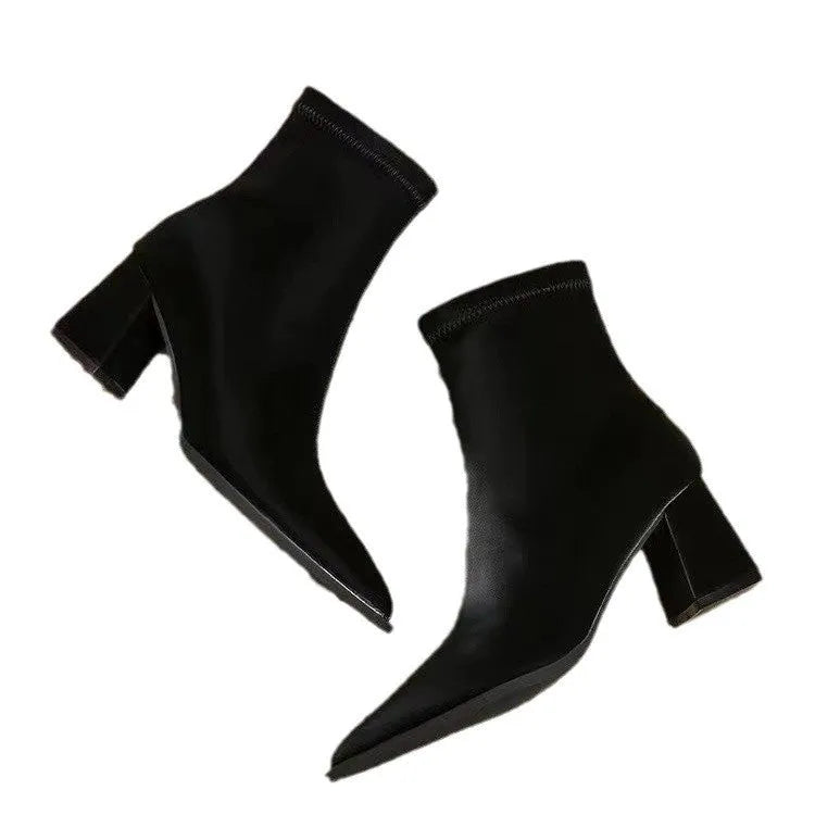 Women's stretch fashion suede pointed Martin boots in khaki with mid heel and rubber sole