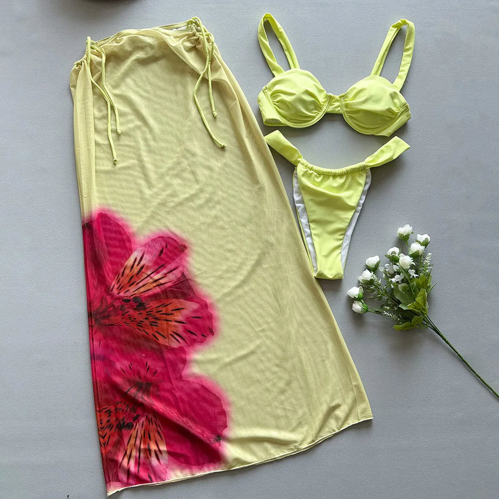 Three-piece bikini set in C3854 yellow print, nylon fabric with spandex lining, sizes S M L