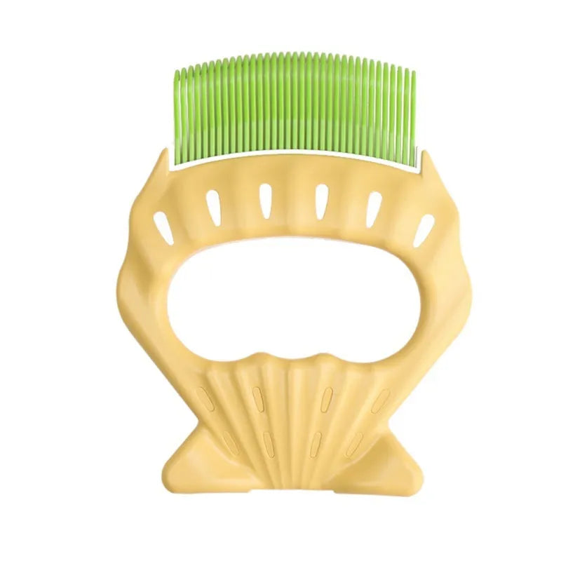 Green shell-shaped pet grooming comb with bent wire bristles and an anti-slip plastic handle.