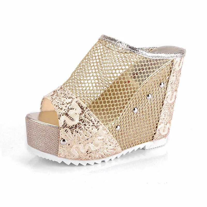 Korean style platform sandals with hollowed chunky heels and lace-up mesh upper
