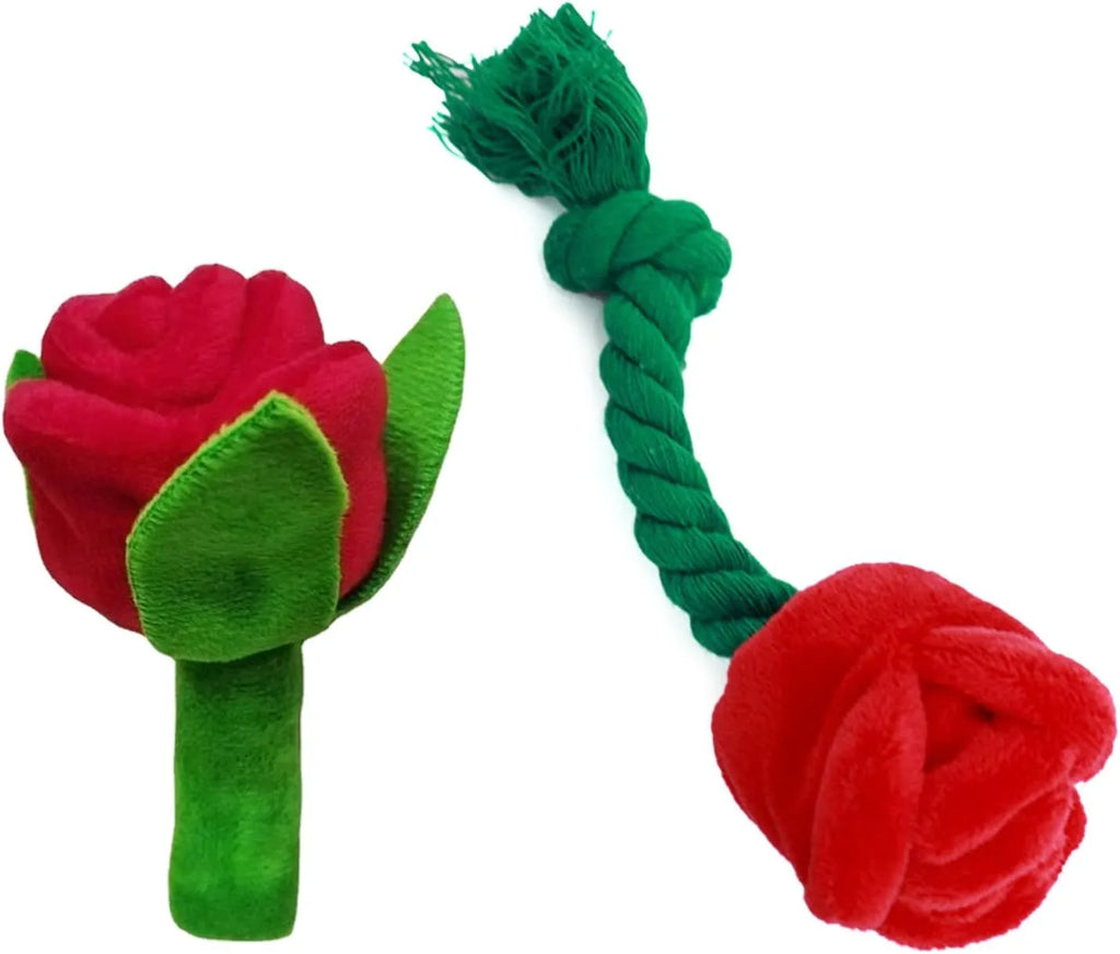 Plush pink rose flower dog chew toy with green leaf and a squeaker inside.