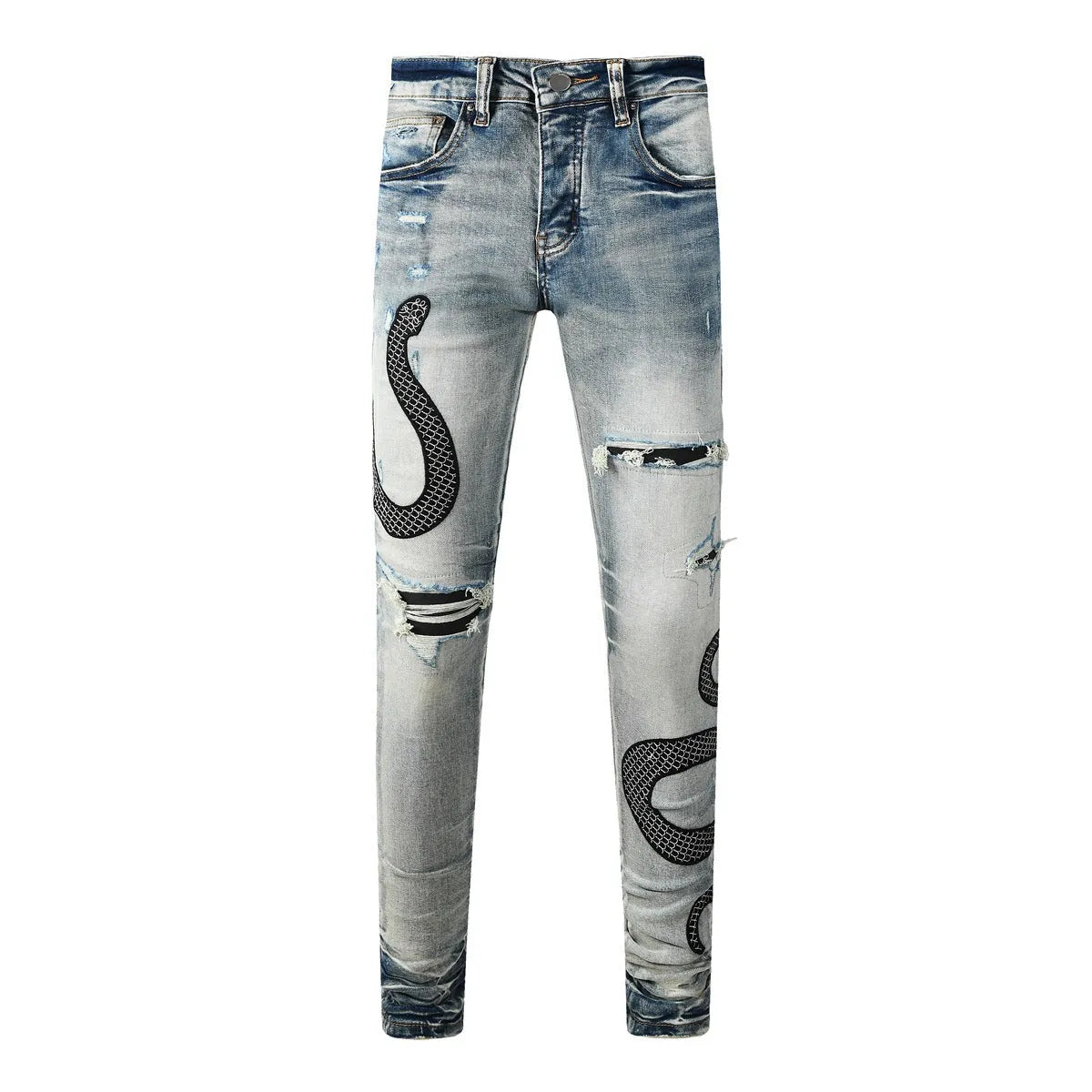 Blue distressed street fashion skinny jeans with a button fly and tight leg fit.