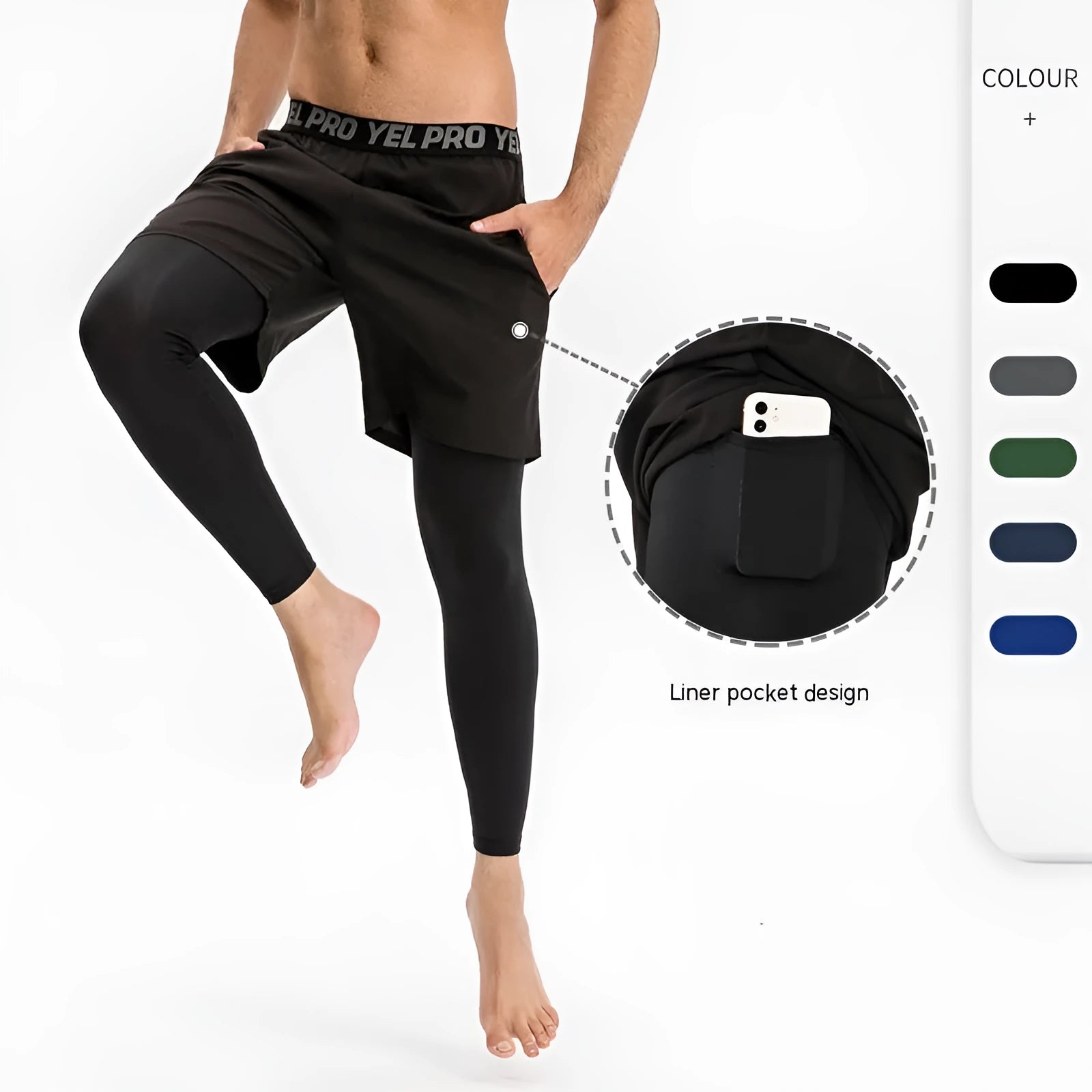 Men's tight sports pants in grey, black, dark blue, army green, and navy blue colours for fitness and running.