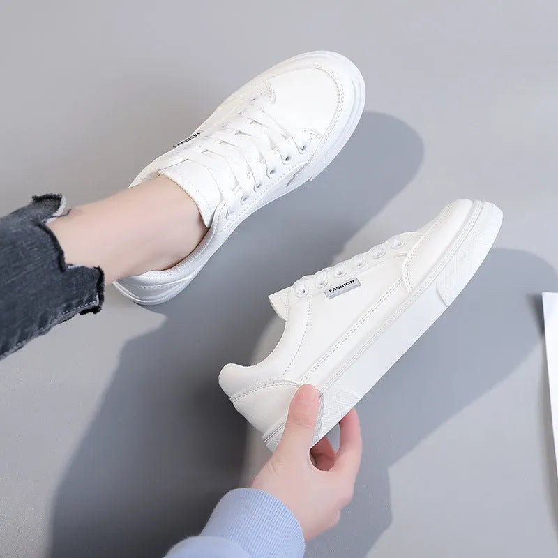 Korean style low-top women's sneakers in brown or white with artificial PU upper