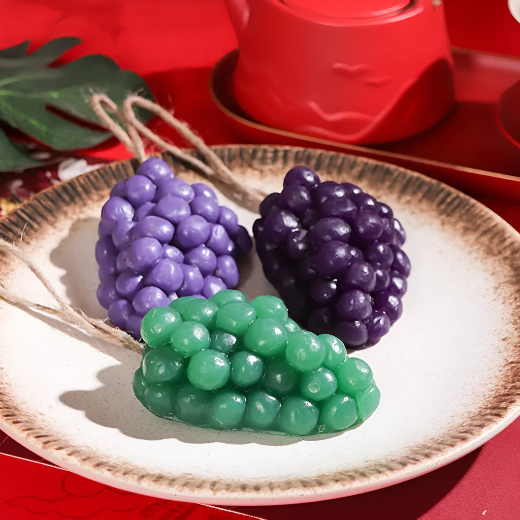 Purple and green handmade grape soap bars with grape cluster design, 80g net content