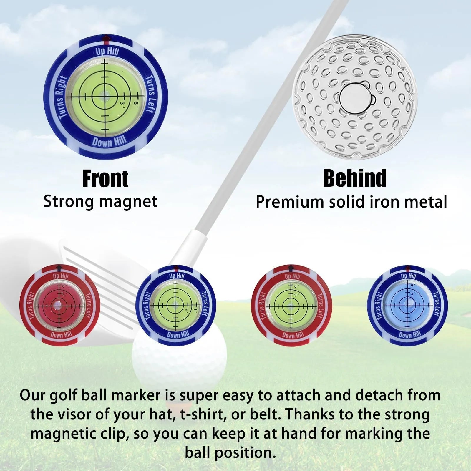 Golf level hat clip measurement tool with green level face and position marks in six colour options