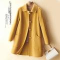 Women's solid colour wool coat with a doll collar and pearl buckle, shown in a mid-length cut.