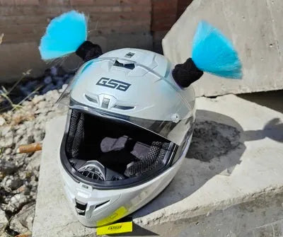 Close-up of black skyhigh braid decorative balls attached to a motorcycle helmet, showing 8cm height