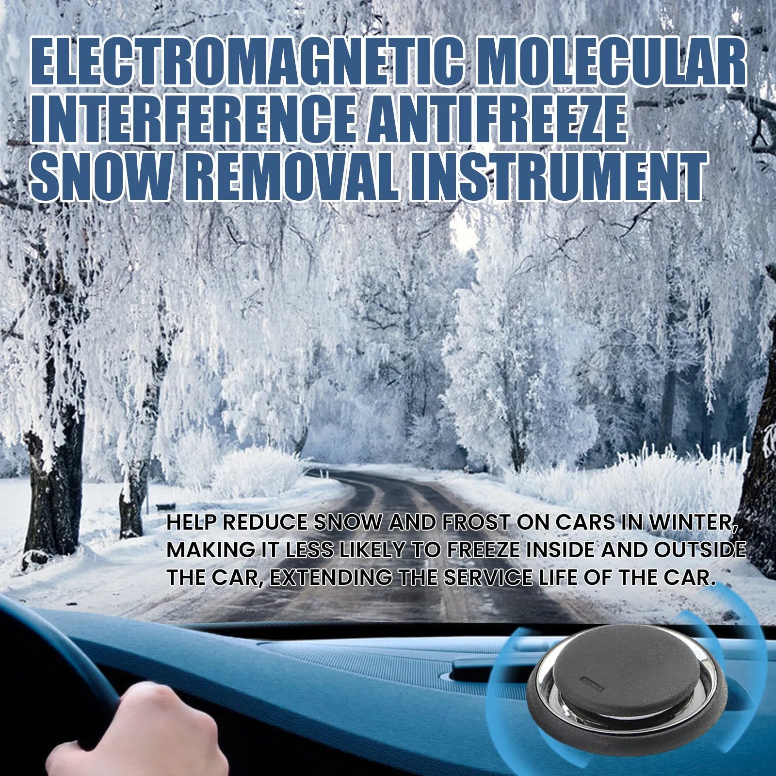 Black portable car deicing and snow melting instrument on a windscreen.