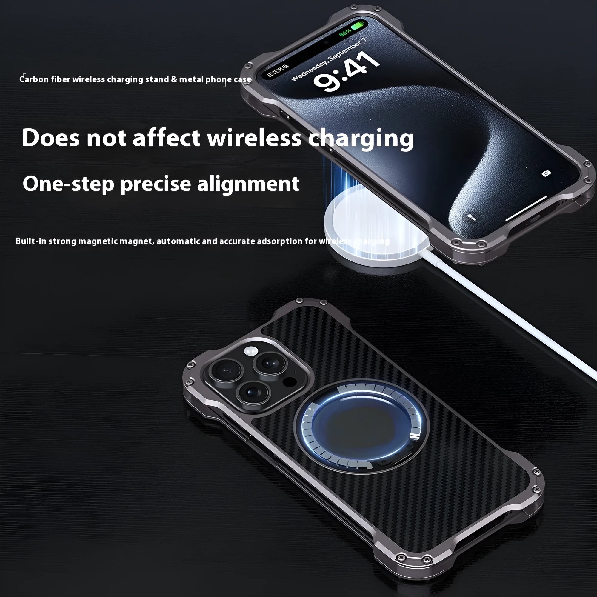 Dark gray metal carbon fibre rotating bracket phone case for Apple iPhone 15 Pro Max with anti-fall and anti-fingerprint properties