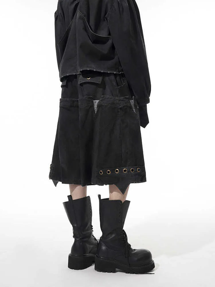 Men's black double waist cropped pants with washed stitching details and mid-high waist