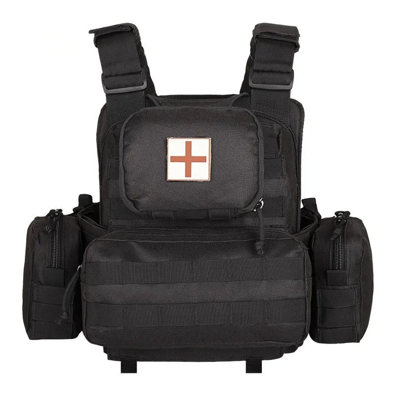 Men's camouflage polyester tactical vest for outdoor training and shooting sports.