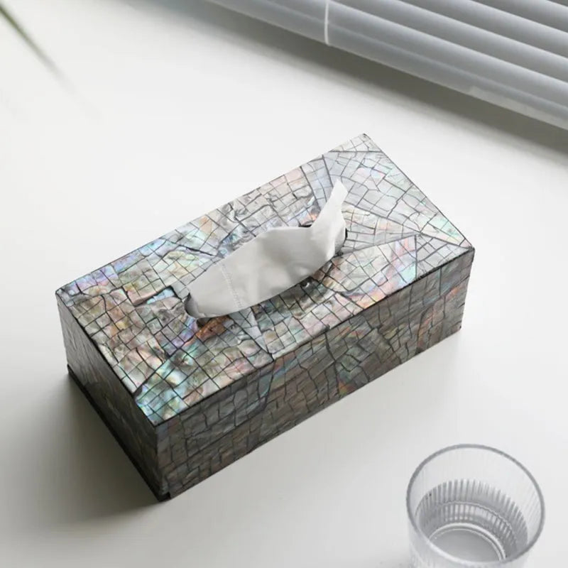 Black natural shell tissue box storage container in rectangular and square styles for coffee table decoration.
