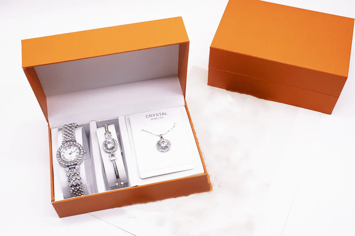 3-piece Rhinestone Watch Set With Bracelet And Necklace Alloy Quartz Watch Set Gold Silver Dial 3.2cm Strap Length 22.5cm Strap Width 1.5cm Glass Mirror OPP Simple Package Gift Set Jewellery Accessory Set Women