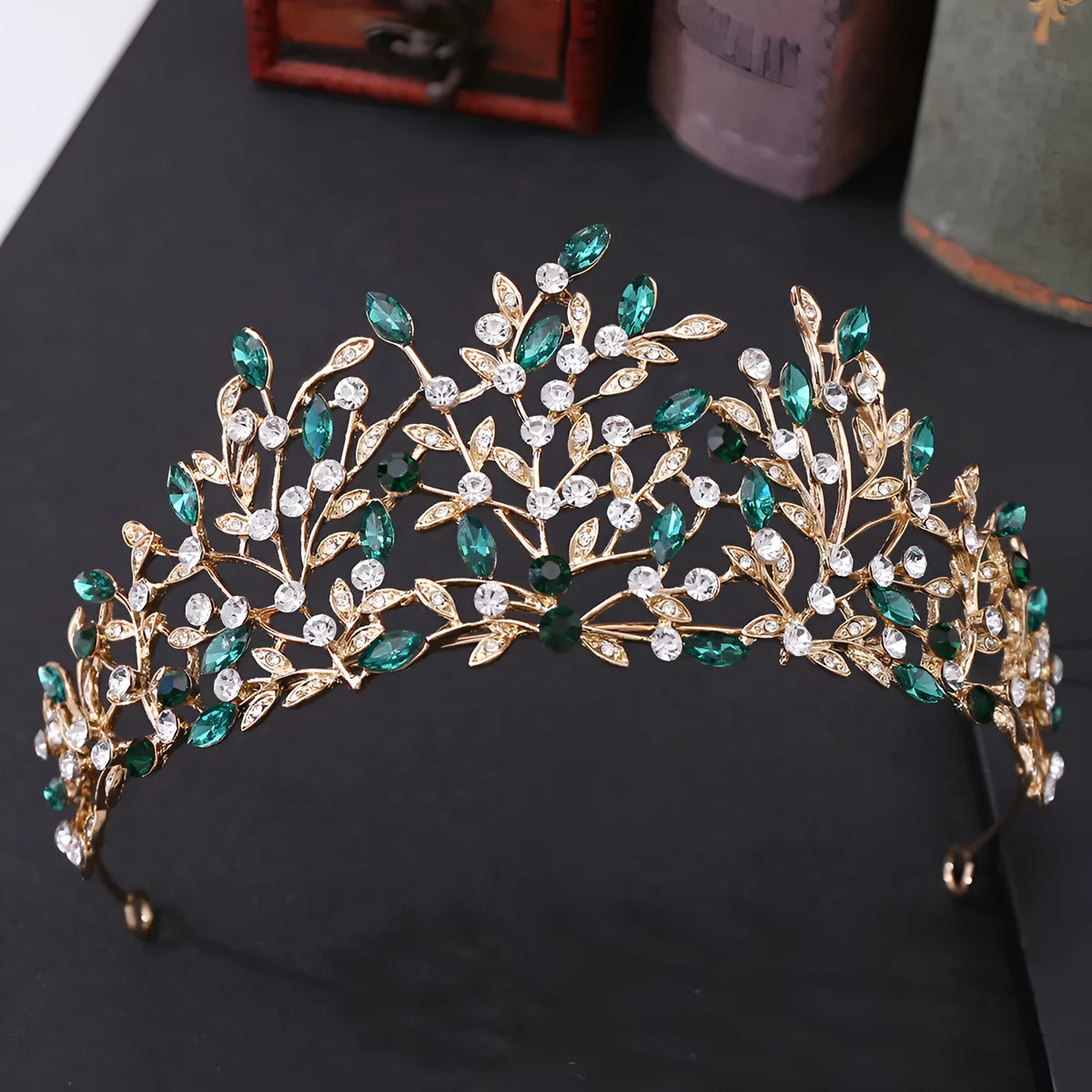 Vintage rhinestone headdress crown in alloy, 15 x 6.5cm, with green phantom quartz crystal and electroplated finish, shown in gold white.