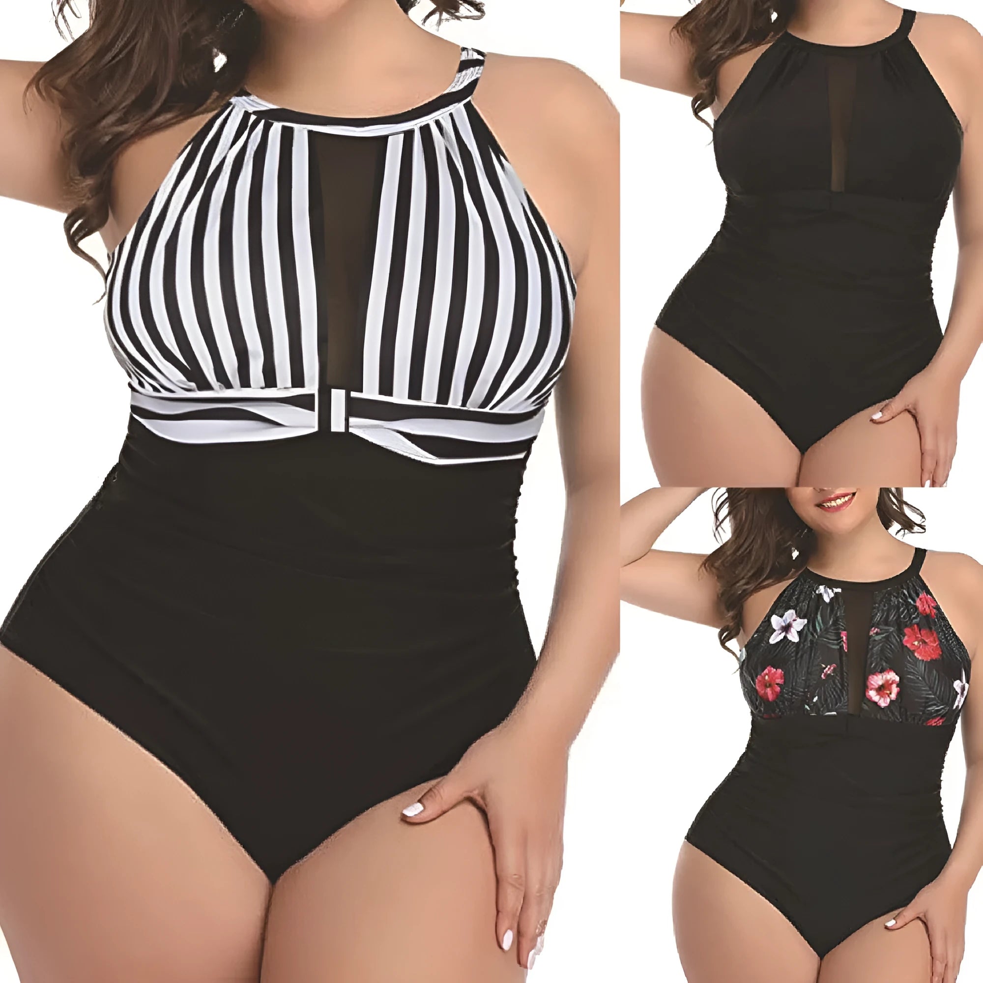 Women's black lace one-piece swimsuit with European and American sizing on mannequin