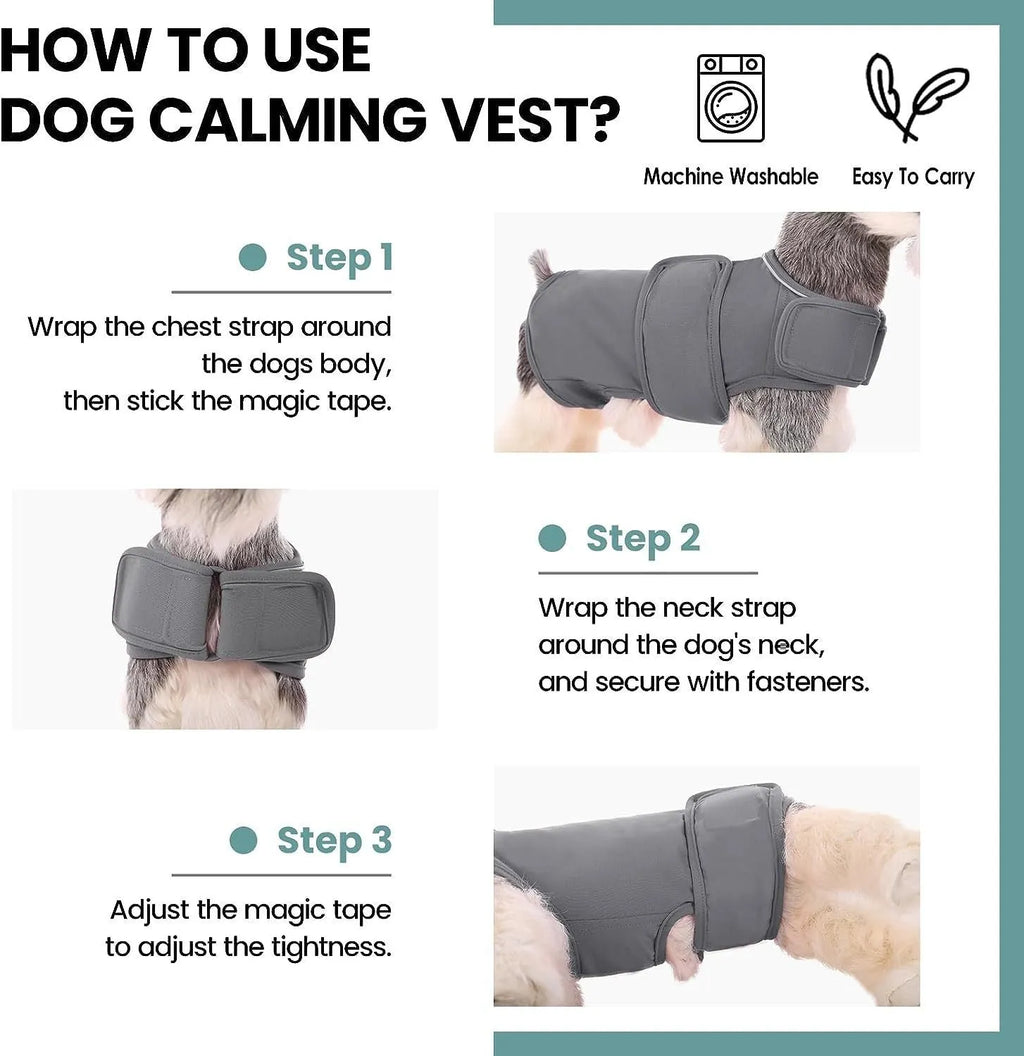 Dog anxiety relief vest with shock protection, sizes XS to XXXL, adjustable neck and bust
