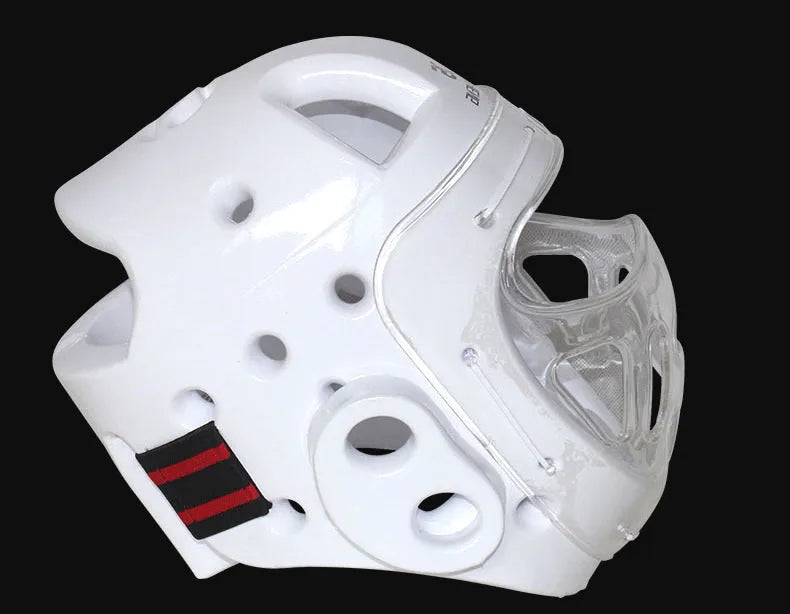 Blue, red, or white karate protective helmet for boxing head guard safety equipment.