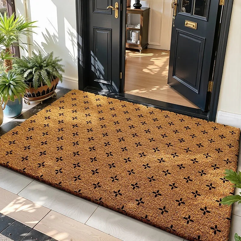 Coconut palm doormat with geometric pattern in Quiet Forest colour, 40x60cm or 45x75cm square dust removal mat