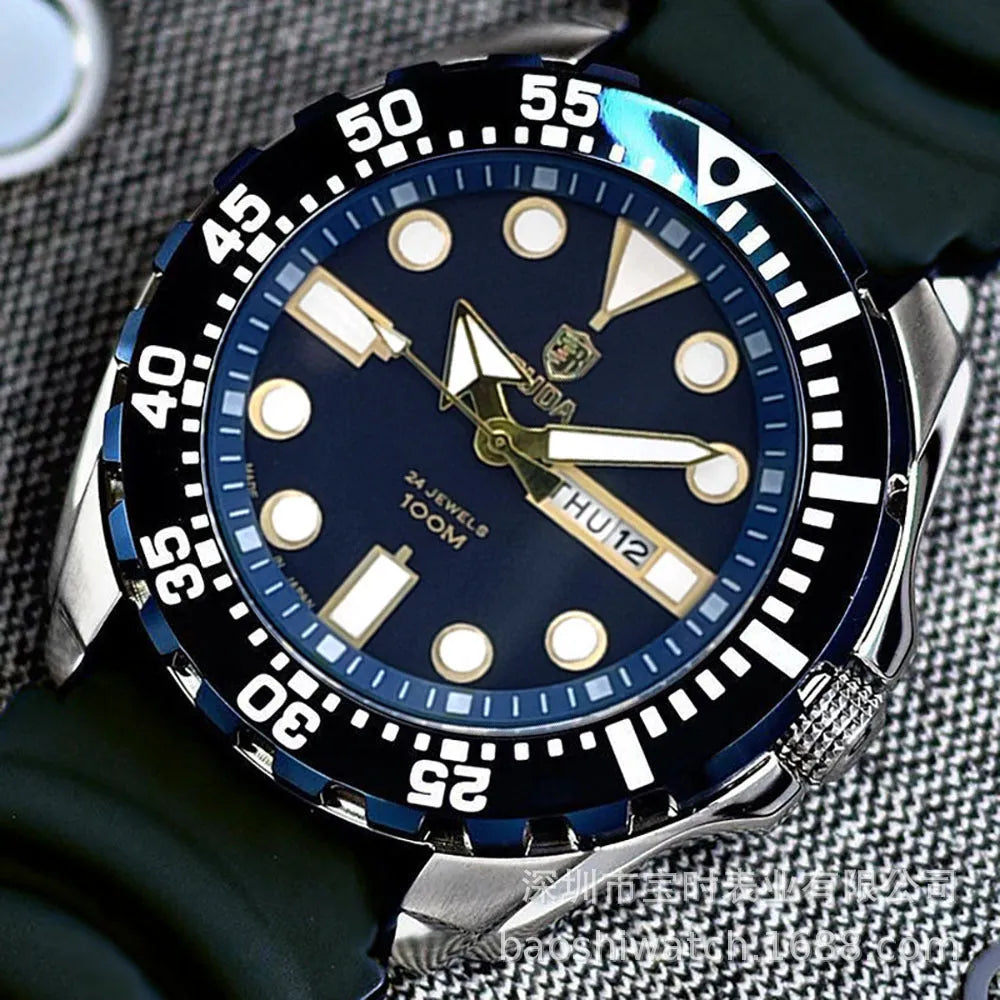 Men's waterproof sports watch with luminous quartz movement and 15mm thickness on wrist