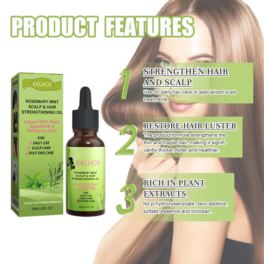 Rosemary mint hair growth fluid 59ml set in a clear bottle with a black cap, shown alongside a pipette