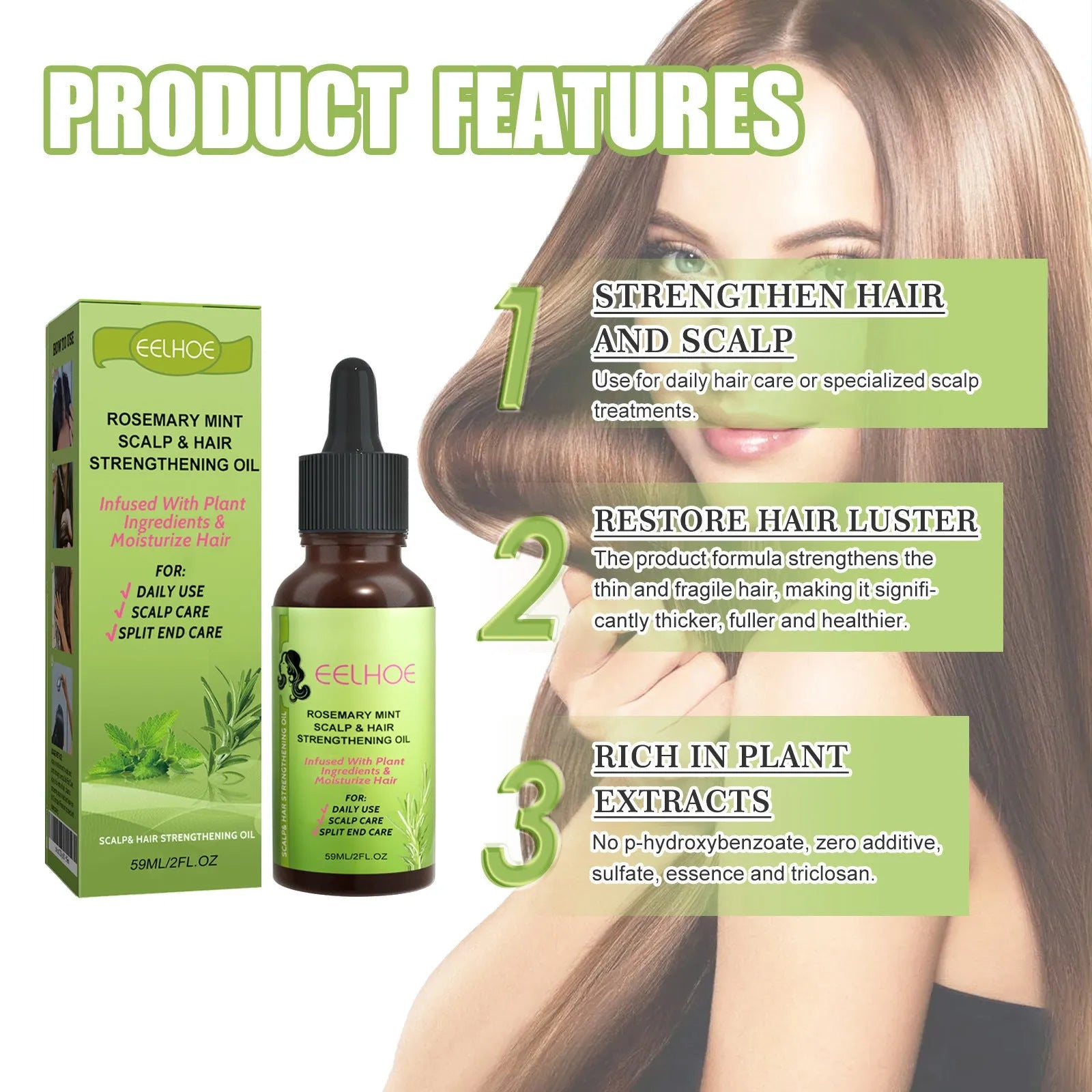 Rosemary mint hair growth fluid 59ml set in a clear bottle with a black cap, shown alongside a pipette