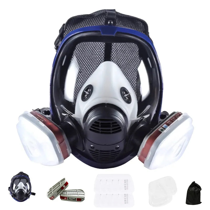 Blue edge spherical full gas mask with trapezoidal canister design and silicone construction