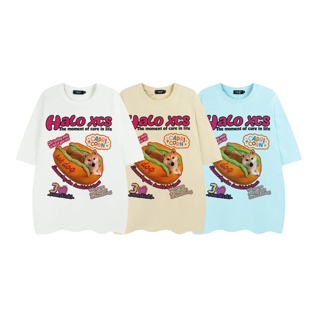 Cartoon hamburger dog printed loose cotton T-shirt in white, apricot, or sky blue
