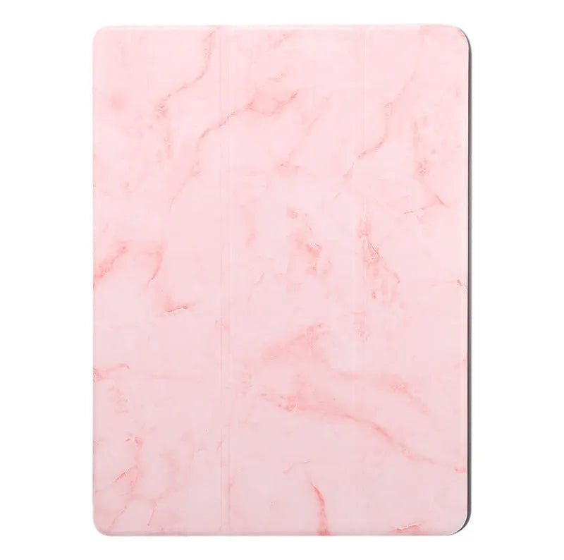 Tri-fold marbling design iPad case in dark grey with a visible pen slot on the side.