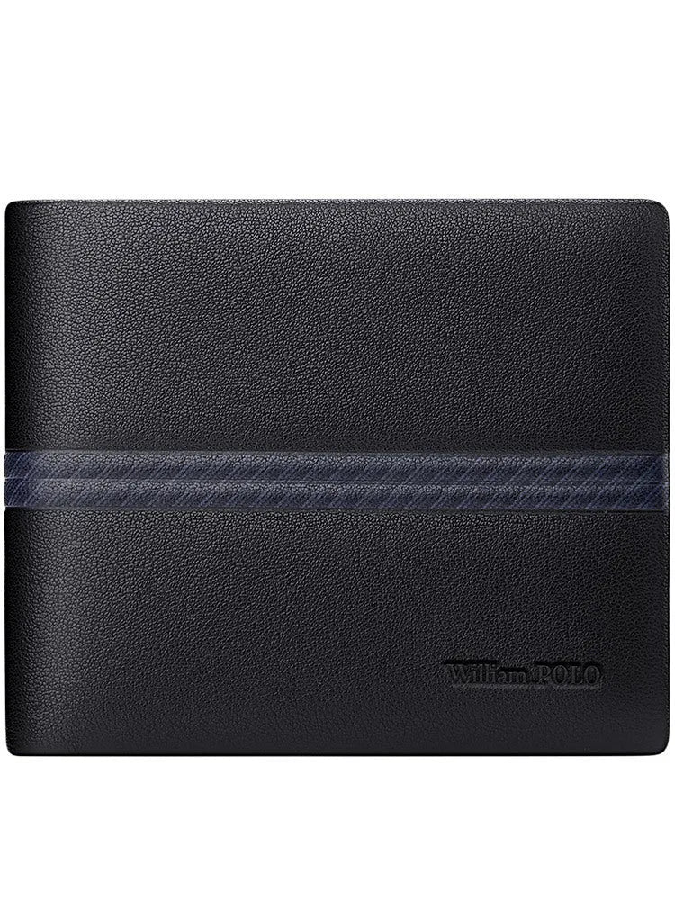 Men's slim leather wallet showing anti-theft card slot and letter pattern detail