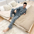 Men's warm cotton flannel pajama suit with lapel collar and long sleeves in blue stripe pattern