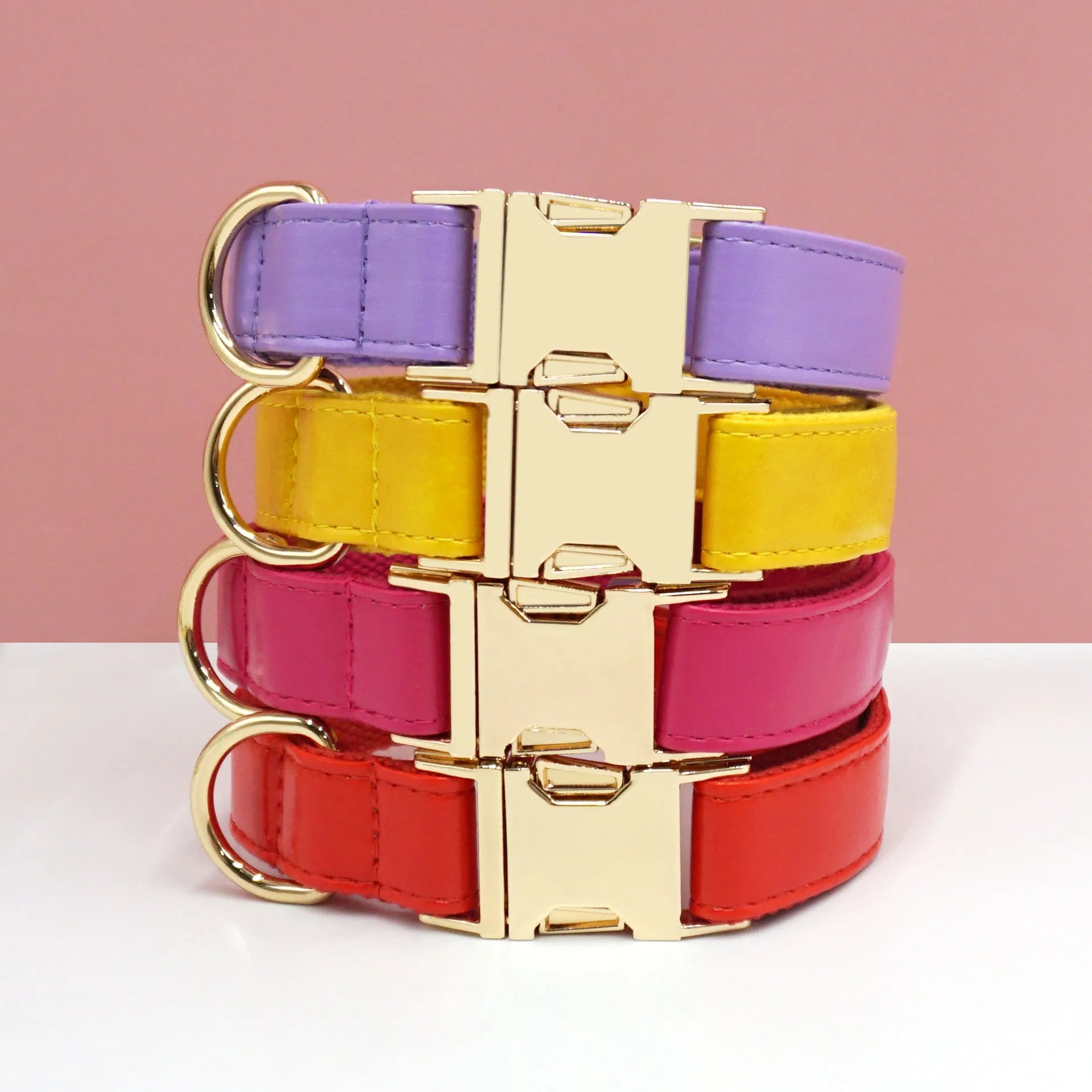 Leather dog collar with velvet finish and brass metal buckle in caramel colour option