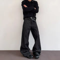Black straight leg jeans with mid-high waist, zip fly, and non-stretch denim, shown in sizes S to XL.
