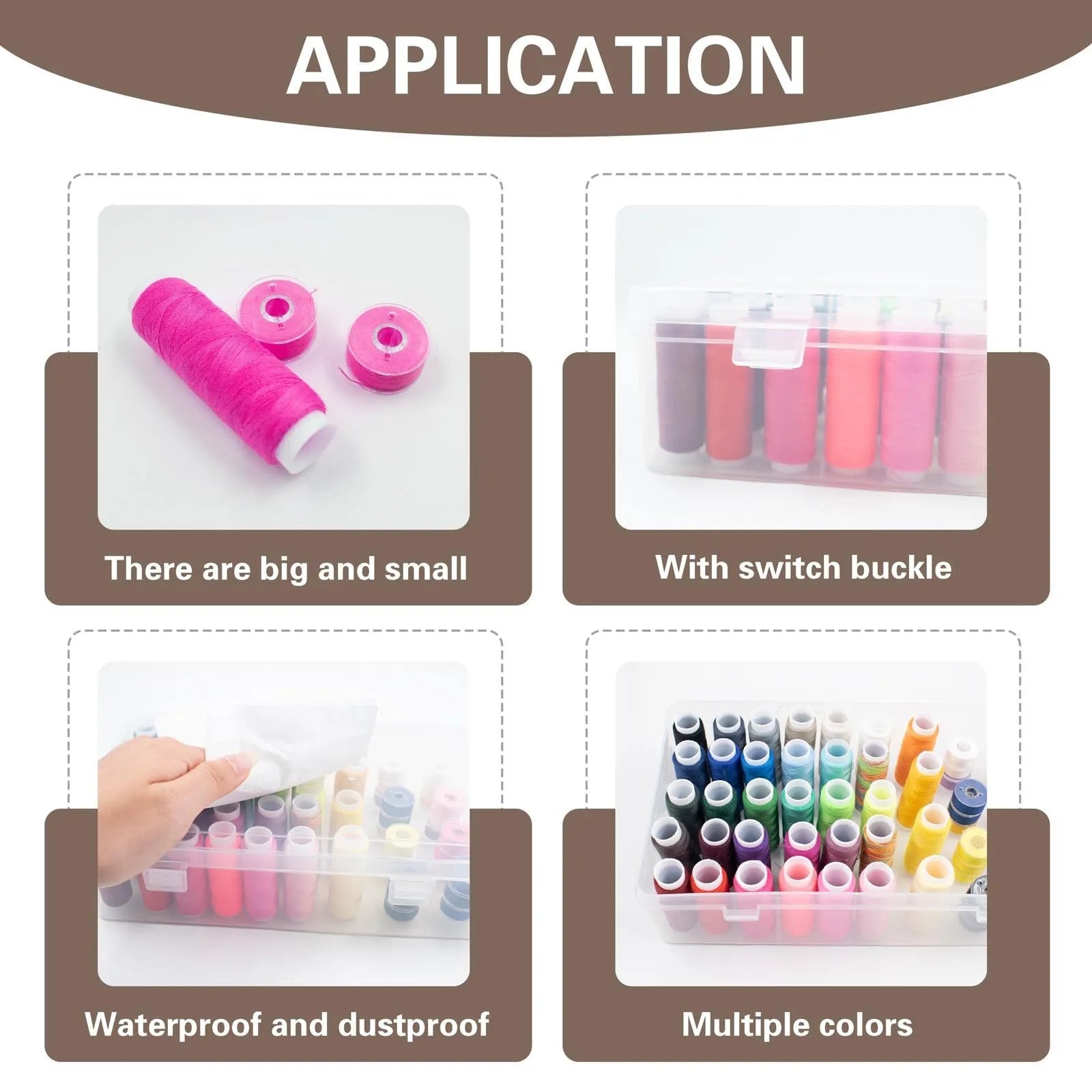 Plastic storage box with 42 compartments for organising embroidery threads and sewing kit items.