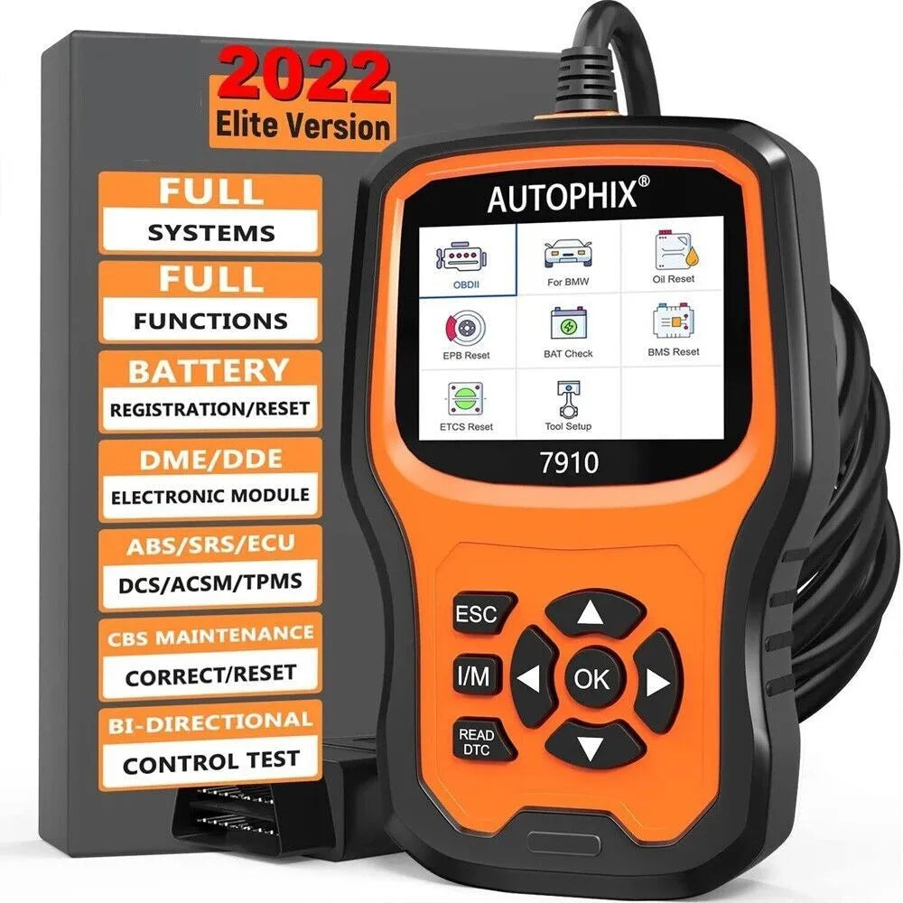 Autophix 7910 automotive diagnostic scanner for BMW vehicles with OBD2 connector.