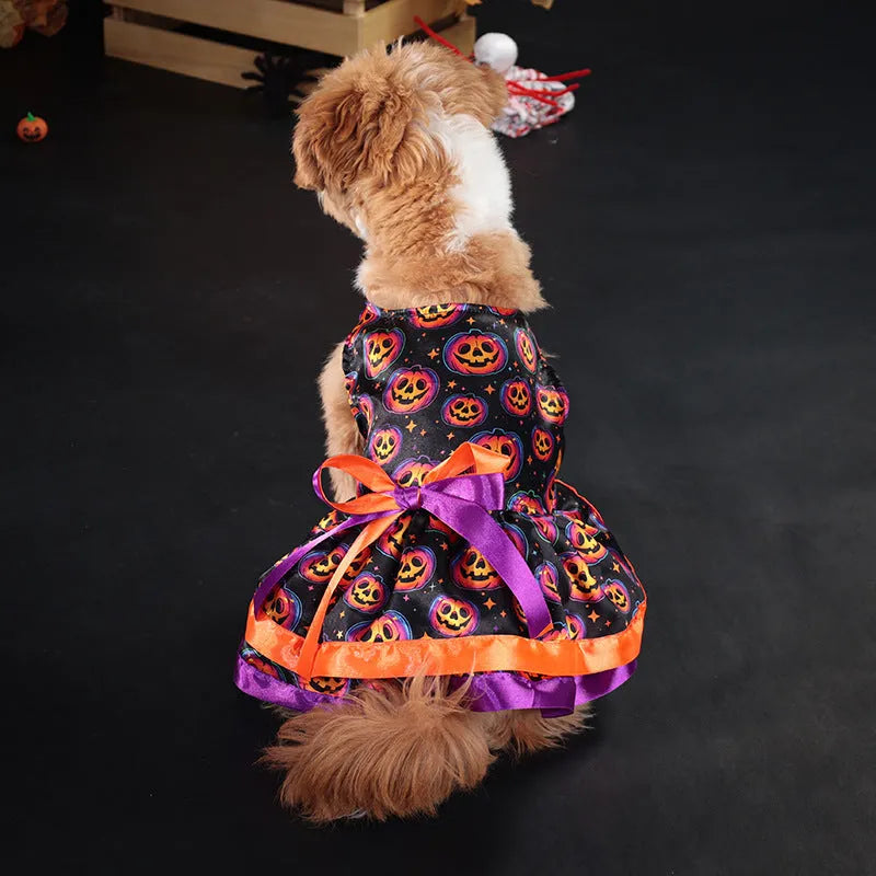 Colourful Halloween dog skirt with pumpkin or skull print on a pet.