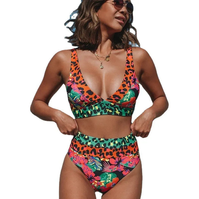 Women's high waist floral print bikini set for swimming in polyester fabric